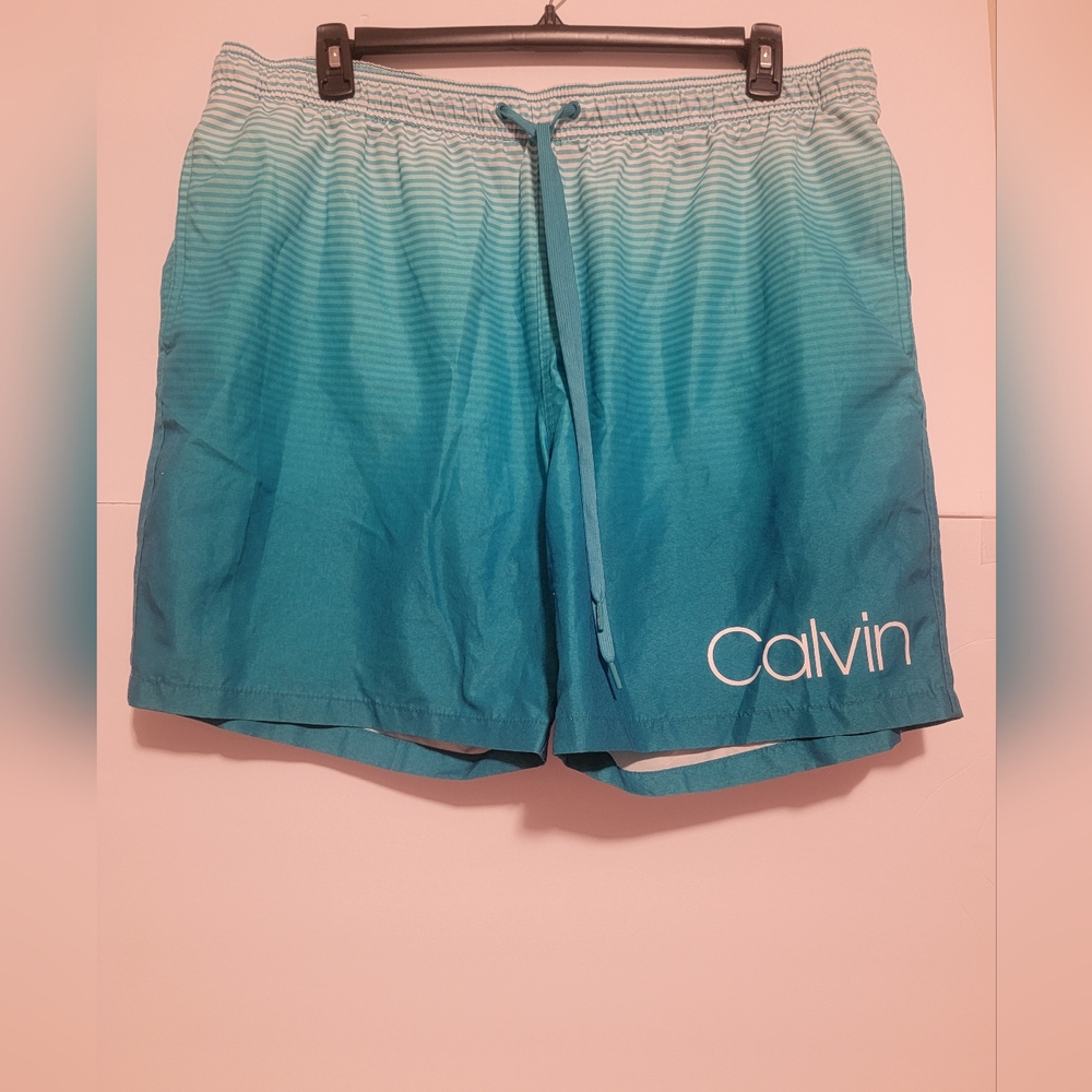 Calvin Klein Men's Blue Gradient Striped 7" Volley Swim Trunks Size, XXL